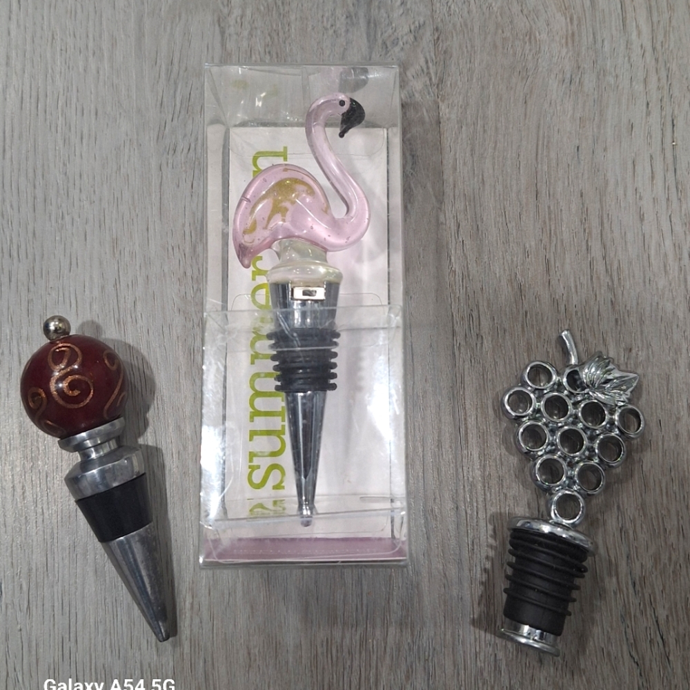 Wine Bottle Stoppers Set -Glass Flamingo, Grapes, Swirl Design